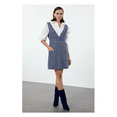 Trendyol Blue Plaid / Checkered Mini Woven Tweed Vest Dress