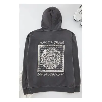 Trendyol Anthracite Oversize/Wide Cut Text Back Printed Hooded Vintage/Faded Effect Sweatshirt