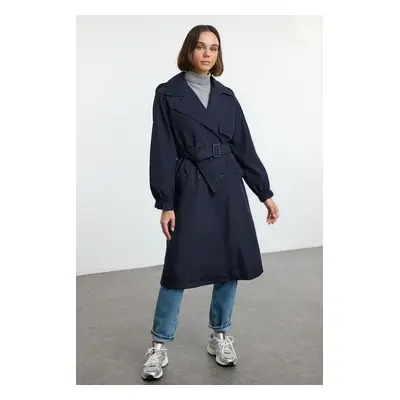 Trendyol Navy Belted Oversize Long Trench Coat