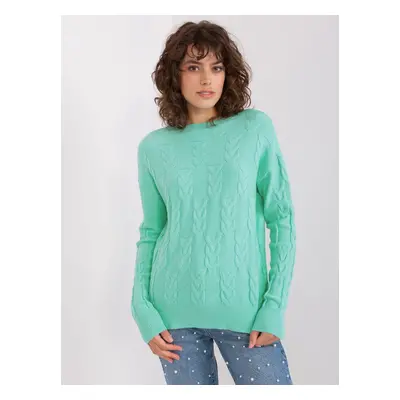 Mint women's sweater with cables and wool