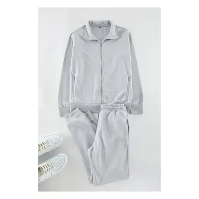 Trendyol Gray Melange Regular Cut Zippered Basic Tracksuit Set