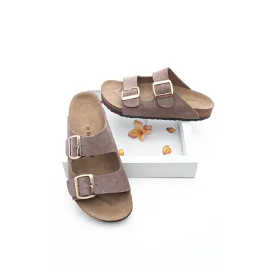 Marjin Women's Genuine Leather Daily Slippers With Double Straps, Eva Sole Poly Mink.