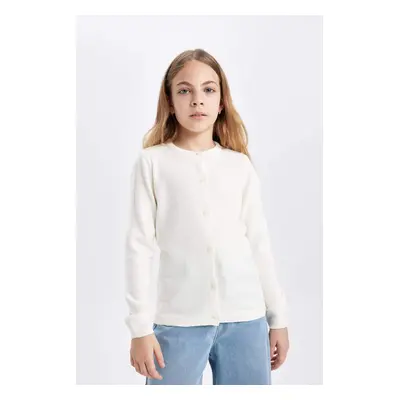 DEFACTO Girl White Crew Neck Knitted School Cardigan