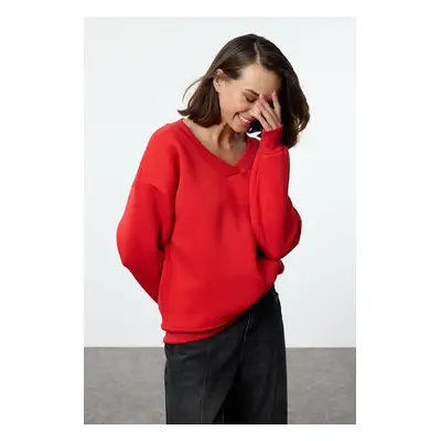 Trendyol Red Basic Oversize / Wide Fit Thick Fleece Inside Knitted Sweatshirt