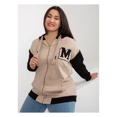 Beige and black plus size zippered sweatshirt with patch