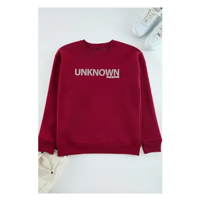 Trendyol Claret Red Oversize/Wide Cut Text Printed Crew Neck Sweatshirt with Fleece Inside