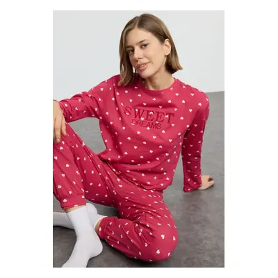 Trendyol Claret Red 100% Cotton Heart Slogan Embroidered Knitted Pajama Set