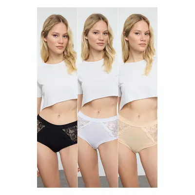 Trendyol Black-White-Skin 3-Pack Cotton Lace Detail Hipster Knitted Panties