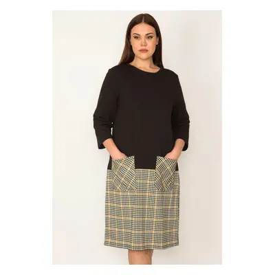 Şans Women's Plus Size Black Skirt Checked Patterned Pocket Dress