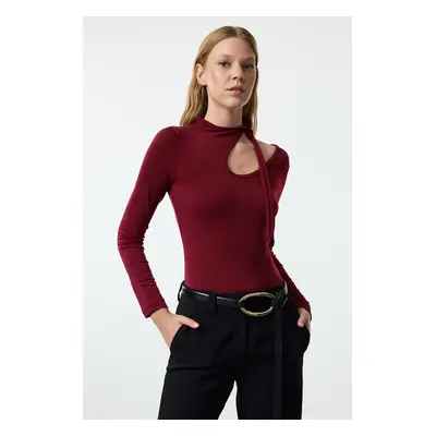 Trendyol Burgundy Barbell Neck Fitted Stretchy Knitted Bodysuit