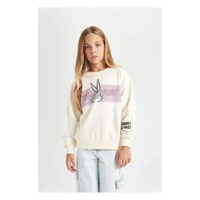 DEFACTO Girl Ecru Looney Tunes Printed Relax Fit Crew Neck Sweatshirt