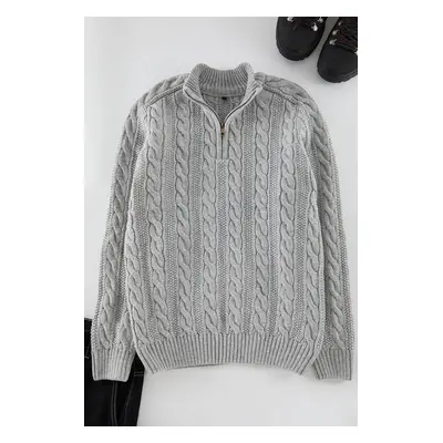 Trendyol Grey Unisex Zippered Half Turtleneck Knit Sweater