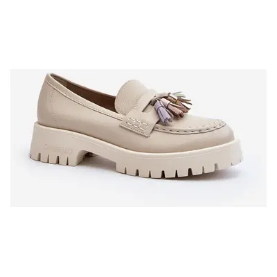 Women's leather loafers with fringes CheBello beige