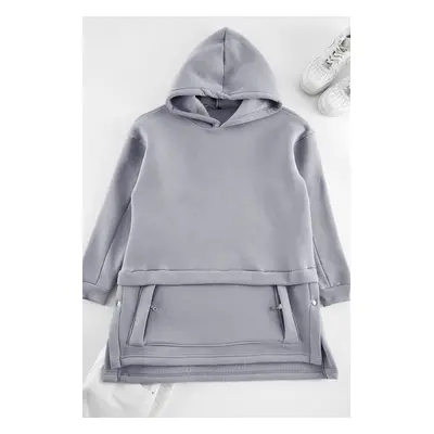 Trendyol Gray Hooded Pocket Detailed Knitted Sweatshirt