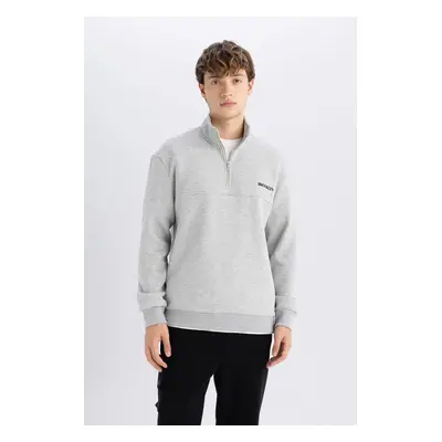 DEFACTO Men's Gray Relax Fit Zippered Stand Collar Printed Thick Fabric Sweatshirt