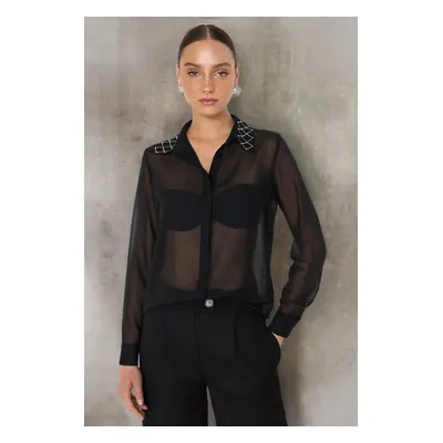 Trendyol Black Transparent Shiny Stone Woven Chiffon Shirt