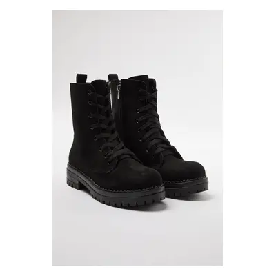 Trendyol Black Suede Lace-Up and Zippered Women's Combat Boots