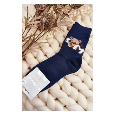 Warm cotton socks with teddy bear, navy blue