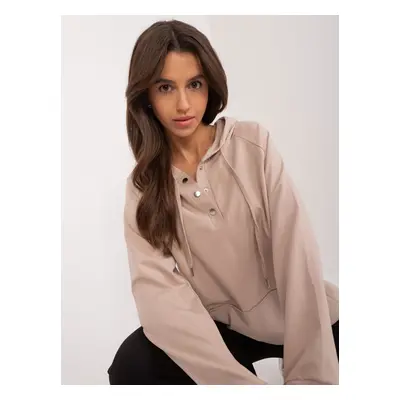 Beige women's kangaroo sweatshirt with drawstring