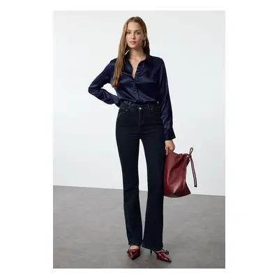 Trendyol Navy Blue Satin Fabric Regular Regular Pattern Woven Shirt