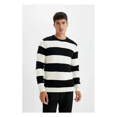 DEFACTO Men's Black Standard Fit Regular Cut Crew Neck Striped Knitwear Sweater