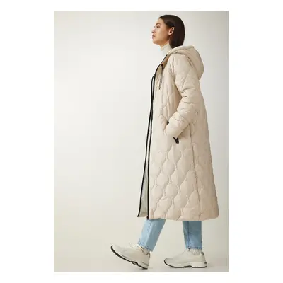 Happiness İstanbul Women's Cream Hooded Pocket Quilted Coat