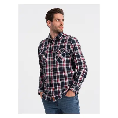 Ombre Men's flannel shirt with buttoned pockets - red and navy blue OM-SHCS