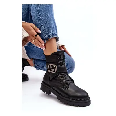 Black Gennee Worker leather ankle boots with chain