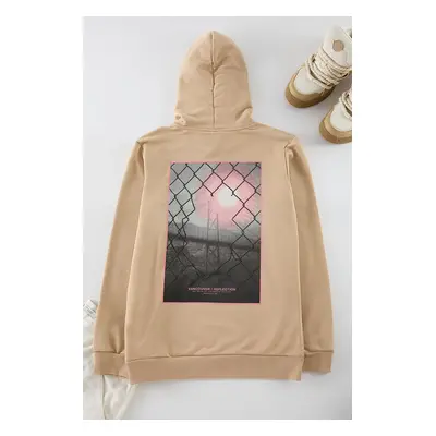 Trendyol Stone Regular/Normal Cut Hooded Back Printed Cotton Sweatshirt