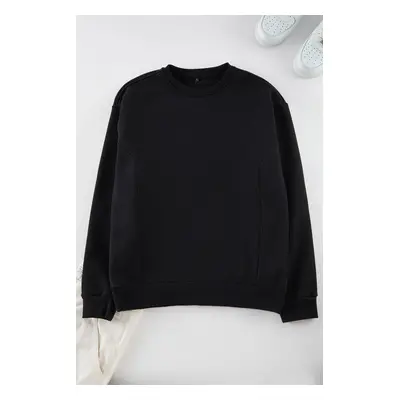 Trendyol Black Oversize/Wide Cut Stitch Detail Thick Sweatshirt