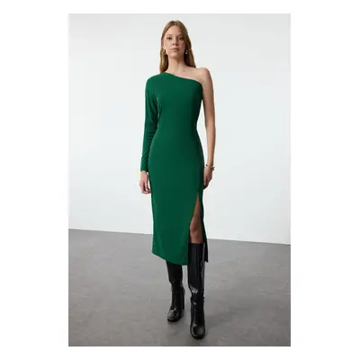 Trendyol Khaki Asymmetrical Collar Fitted Slit Detailed Midi Knitted Dress