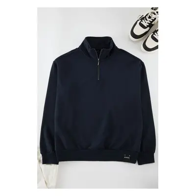 Trendyol Navy Blue Oversize/Wide Cut Stand Collar Sweatshirt with Labeled Fleece Inside