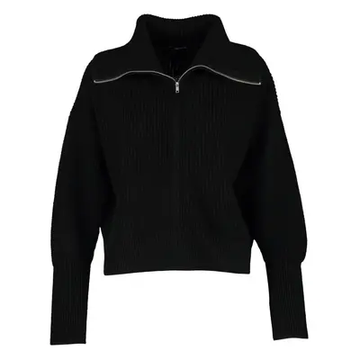 Trendyol Curve Black Turn-down Collar Zippered Crop Knitwear Cardigan