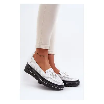 Women's leather loafers on a platform, white Assetnima