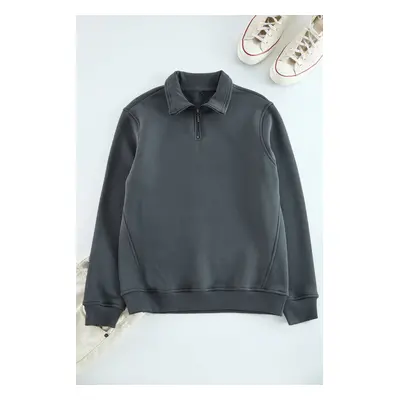 Trendyol Anthracite Regular/Normal Cut Stand Collar Zippered Cotton Basic Sweatshirt