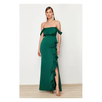 Trendyol Emerald Green Flounced Woven Satin Long Evening Evening Dress