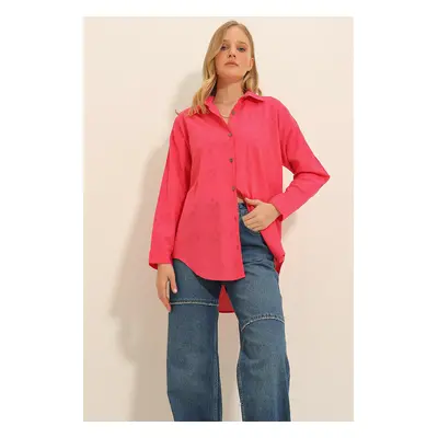 Trend Alaçatı Stili Women's Fuchsia Motif Oversize Linen Shirt