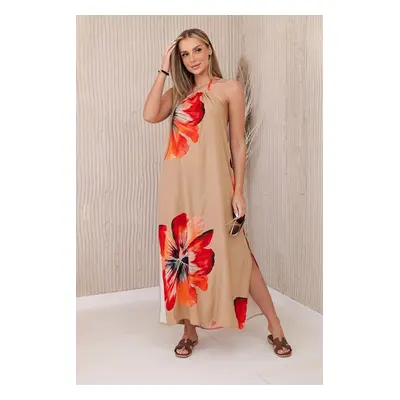 Women's viscose dress with ties around the neck - beige camel