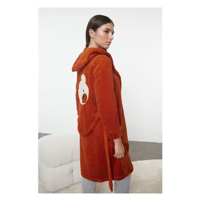 Trendyol Cinnamon Belted Wellsoft Back Knitted Dressing Gown with Teddy Bear Embroidery Detail