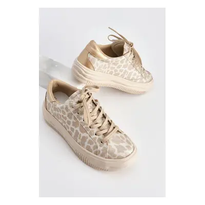 Marjin Women's Sneaker Thick Sole Lace-Up Sneakers Tales Beige Leopard.