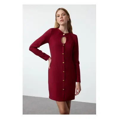 Trendyol Claret Red Plain Mini Straight Cut Button Detailed Crew Neck Mini Woven Dress