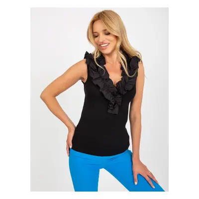 Black ribbed top with ruffles at the neckline