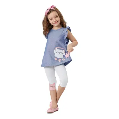 Denokids Frilly Cat Girl's Blue White Summer T-shirt Tunic Tights Set