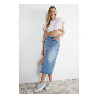 Trendyol Blue More Sustainable Front Zipper High Waist Midi Denim Skirt