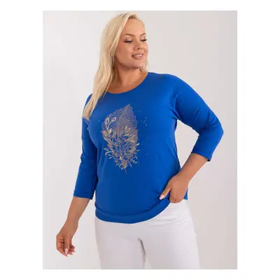 Blue women's cotton blouse with rhinestones