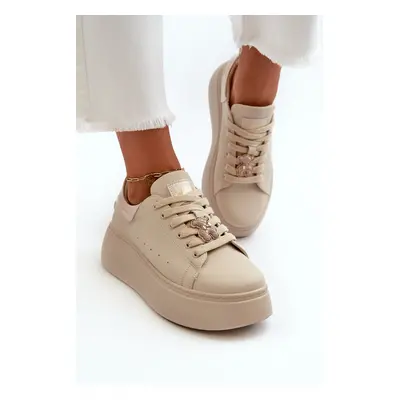 Women's leather platform sneakers with teddy bear beige Vinceza