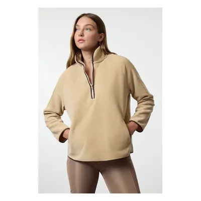 Trendyol Stone Polar Zipper and Piping Detailed Knitted Sports Sweatshirt