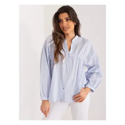 Light blue women's oversize shirt with stand-up collar