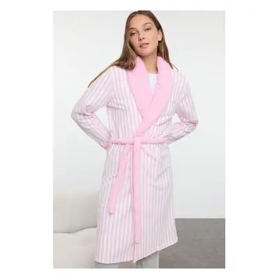 Trendyol Pink Belted Striped Polar Fleece Knitted Dressing Gown