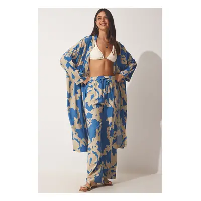 Happiness İstanbul Women's Blue Beige Patterned Viscose Kimono Palazzo Pants Suit